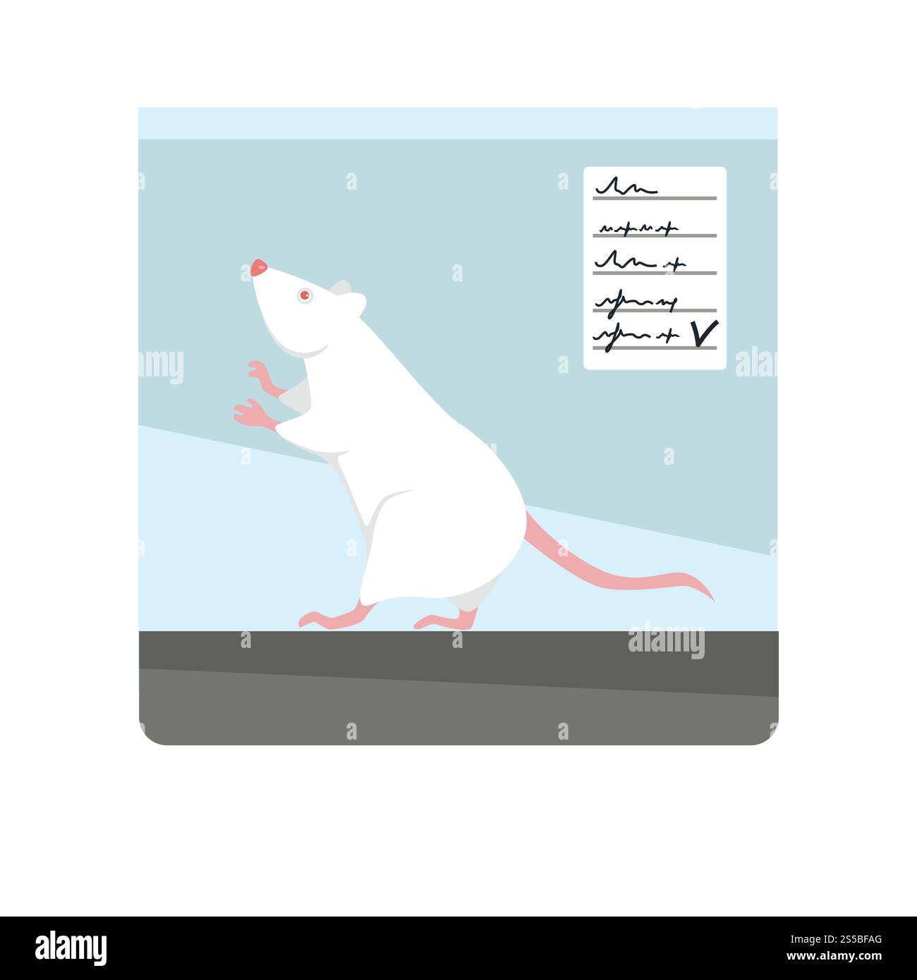 Ratto da laboratorio albino con occhi rossi in contenitore trasparente con nota laterale. Piccolo animale intelligente della famiglia di roditori per esperimenti in acquari di vetro speciali, illustrazione di un vettore piatto di cartoni animati isolati. Ratto da laboratorio albino con occhi rossi in contenitore trasparente Illustrazione Vettoriale