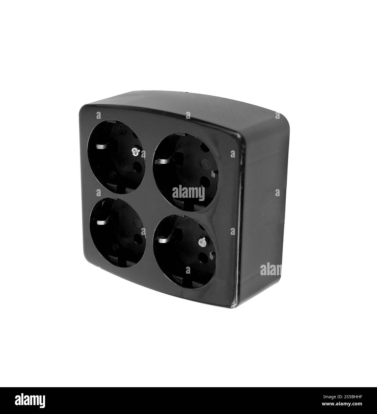 Adattatore elettrico nero isolato su un bianco Foto Stock