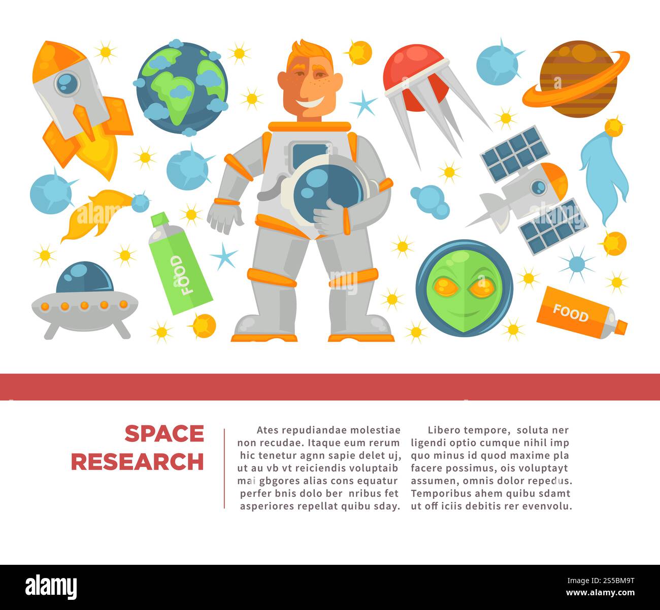 Poster della ricerca spaziale e dell'esplorazione dell'universo per l'astronomia. Astronauta vettoriale, satelliti e pianeti in orbita, stelle della galassia o comete e cibo degli astronauti. Poster dei vettori di ricerca e esplorazione spaziale Illustrazione Vettoriale