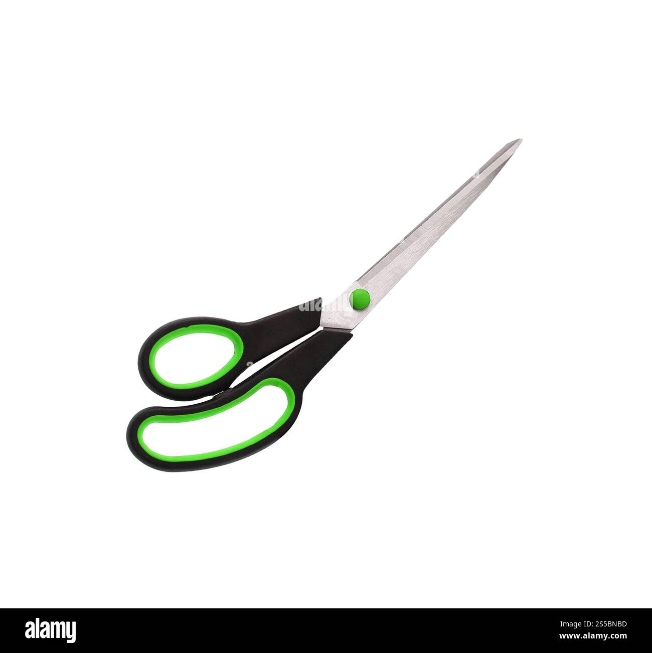 forbici con impugnature in plastica isolate su sfondo bianco. forbici con manici in plastica Foto Stock
