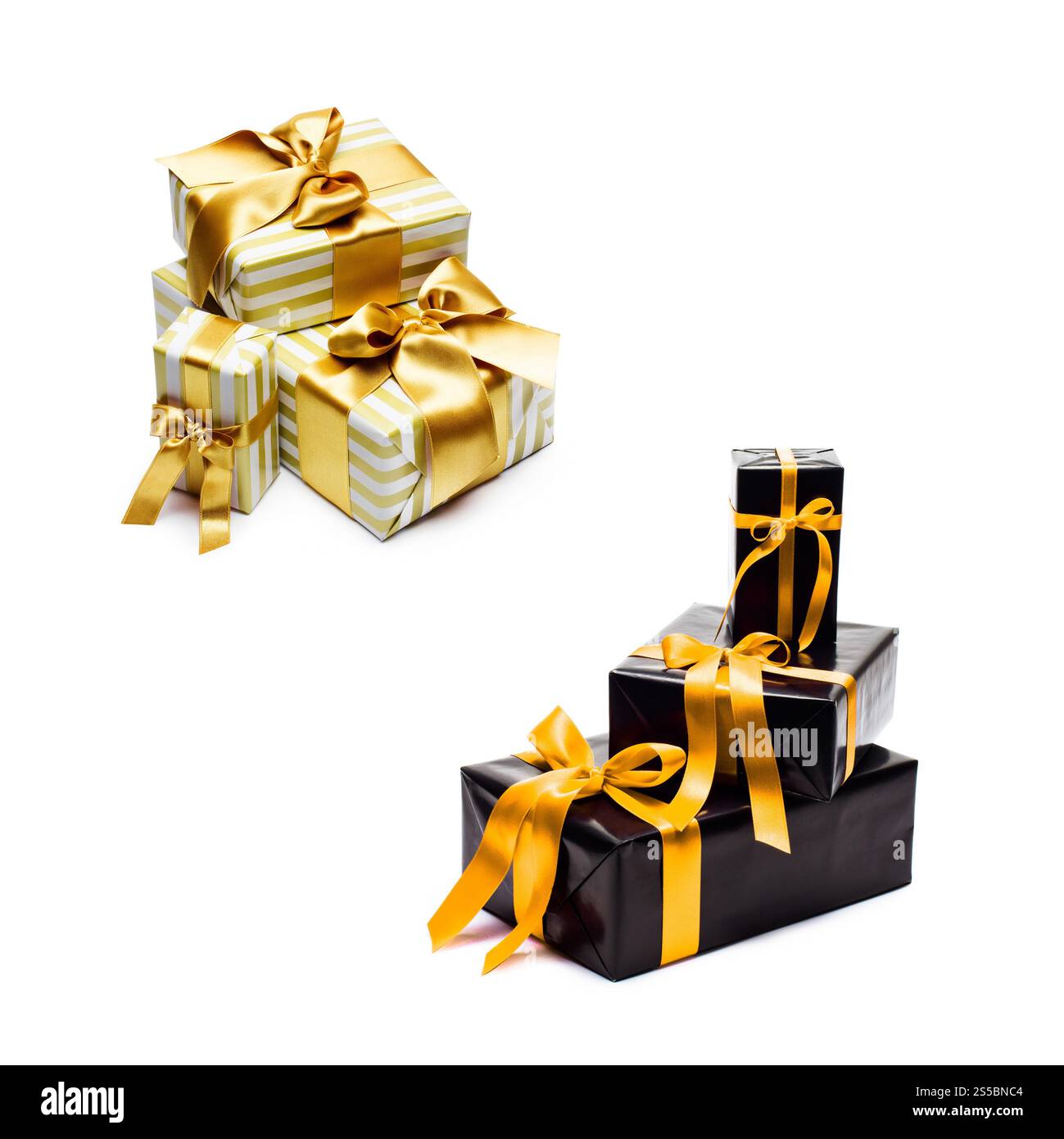 Confezione regalo nera con nastro in raso giallo e fiocco. scatole regalo con fiocco e nastro in raso giallo Foto Stock