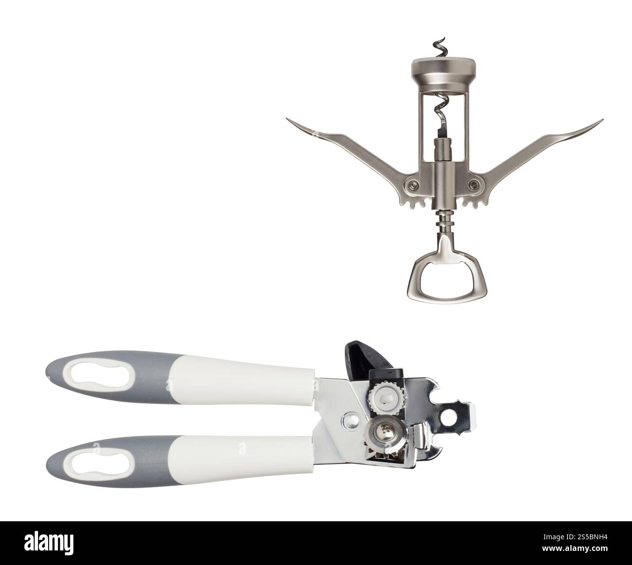 cavatappi con attrezzatura per l'apertura di lattine isolate su bianco. cavatappi con attrezzatura per l'apertura di lattine Foto Stock