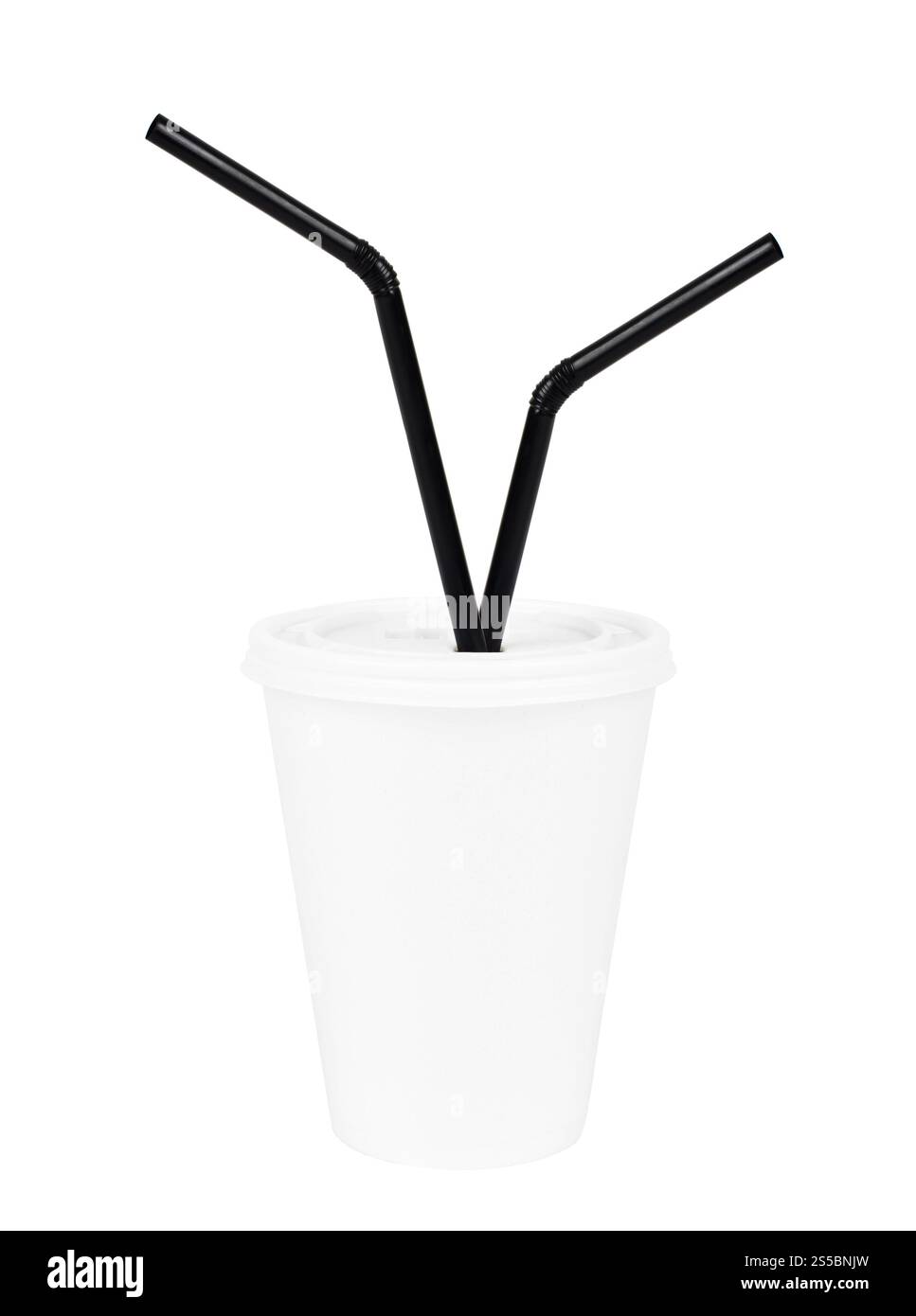 Tazza di carta bianca e cannuccia nera isolata. tazza di carta e cannuccia nera Foto Stock