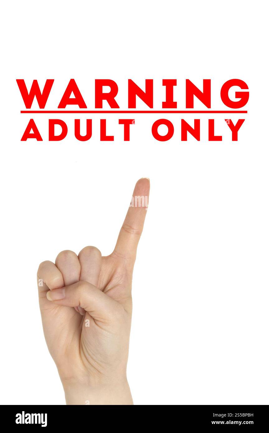 Mano aperta sollevata, insegna per soli adulti dipinta, concetto multiuso - isolata su sfondo bianco. Mano aperta sollevata solo per adulti Foto Stock