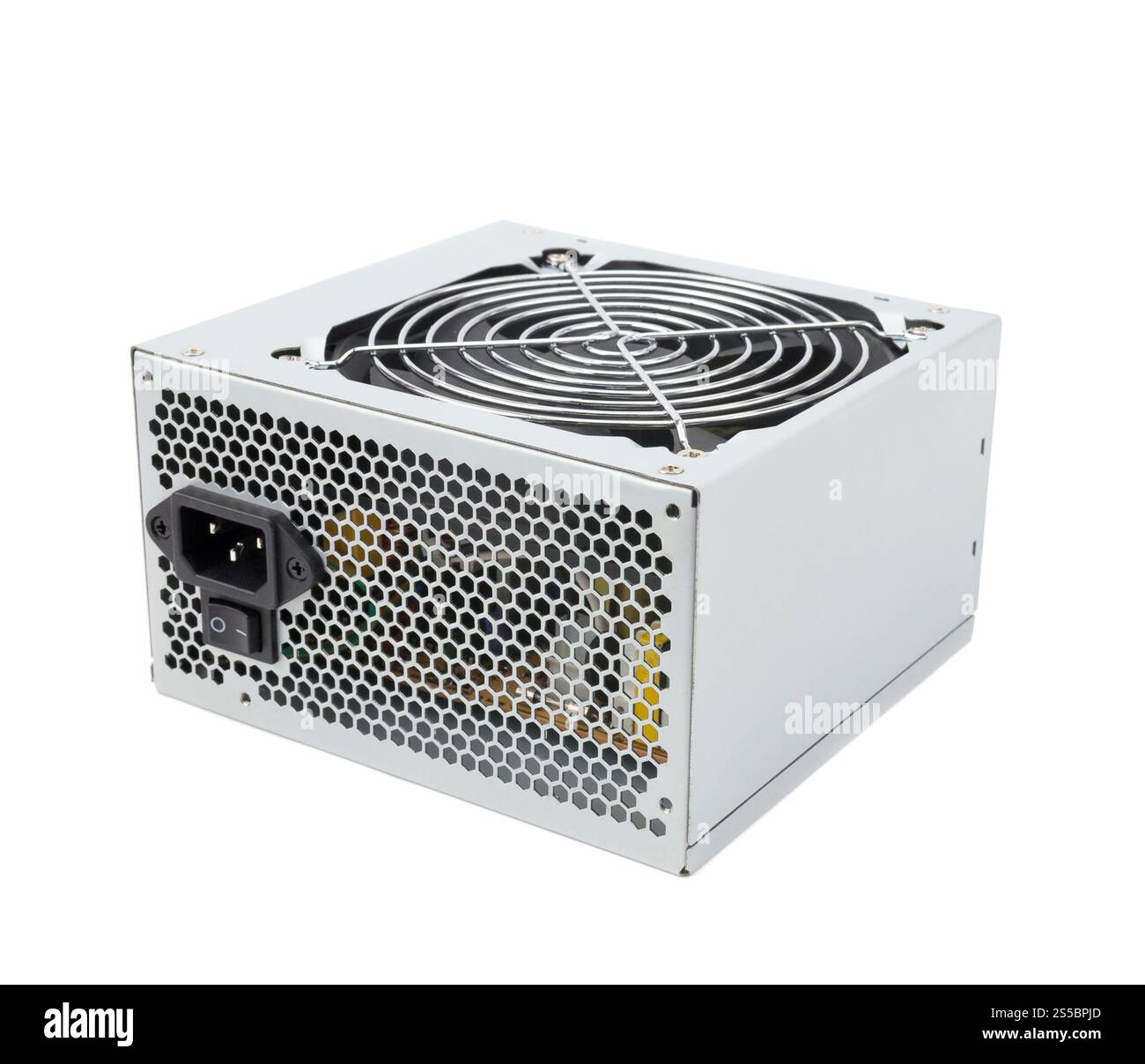 Unità di alimentazione del computer isolata su sfondo bianco. Unità di alimentazione del computer Foto Stock