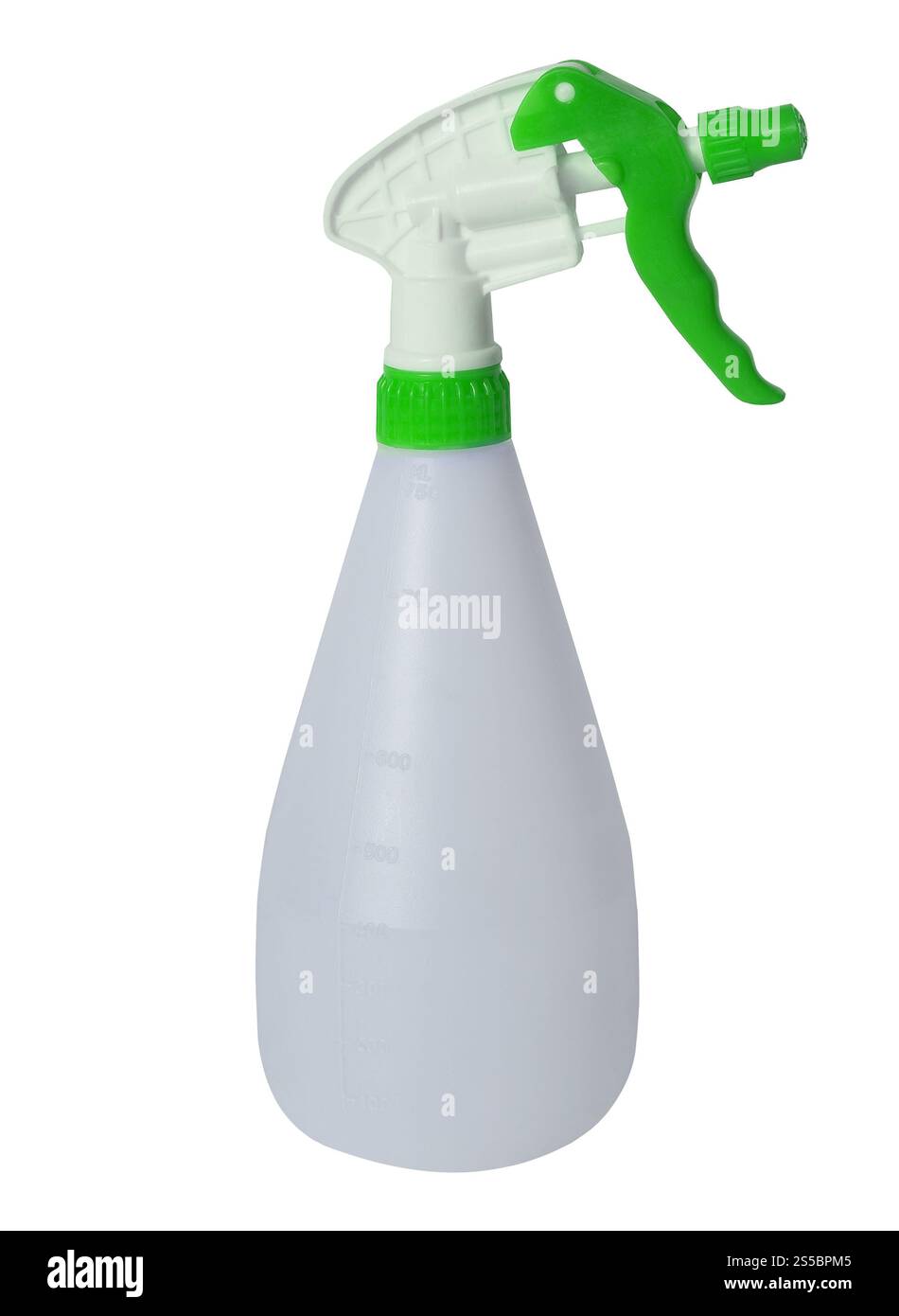 Flacone in plastica con pulitore a pistola spray isolato su sfondo bianco. Flacone in plastica per pulitore a pistola spray Foto Stock