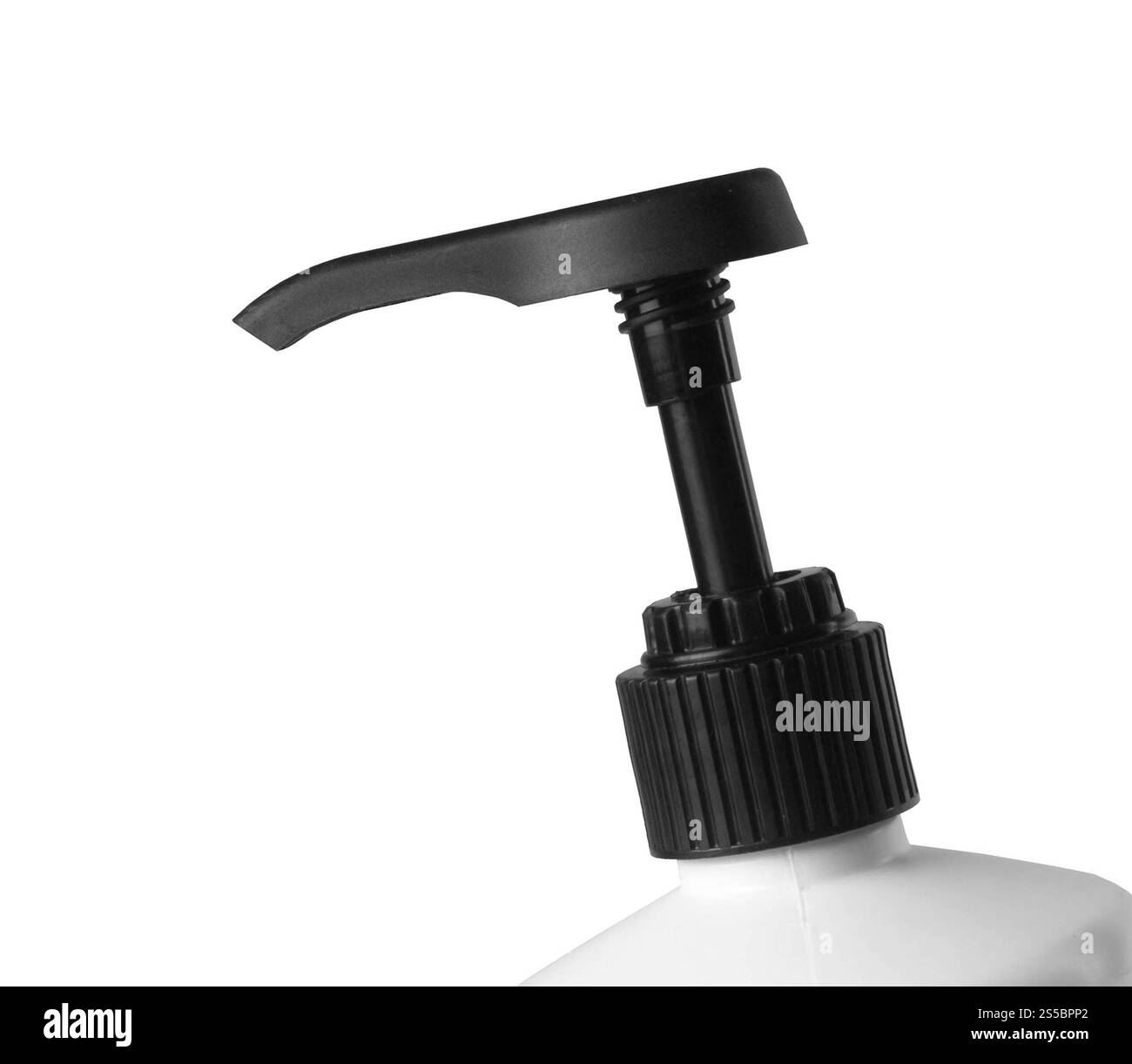 Liquido ambrato nel flacone con pompa isolato su sfondo bianco. Liquido ambrato nel flacone della pompa isolato Foto Stock