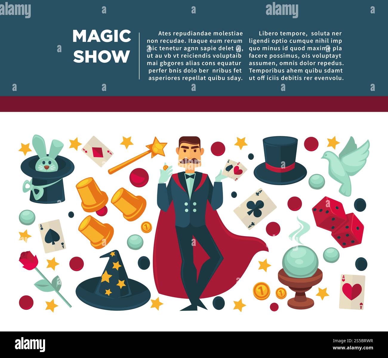 Mostra di magia e trucchi magici poster dell'attrezzatura. Icone vettoriali piatte di un illusionista o mago da circo nel mantello coniglio con bacchetta magica, coniglio con cappello, palla di cristallo o carte e monete. Spettacolo di magia del circo e poster vettoriale del mago Illustrazione Vettoriale