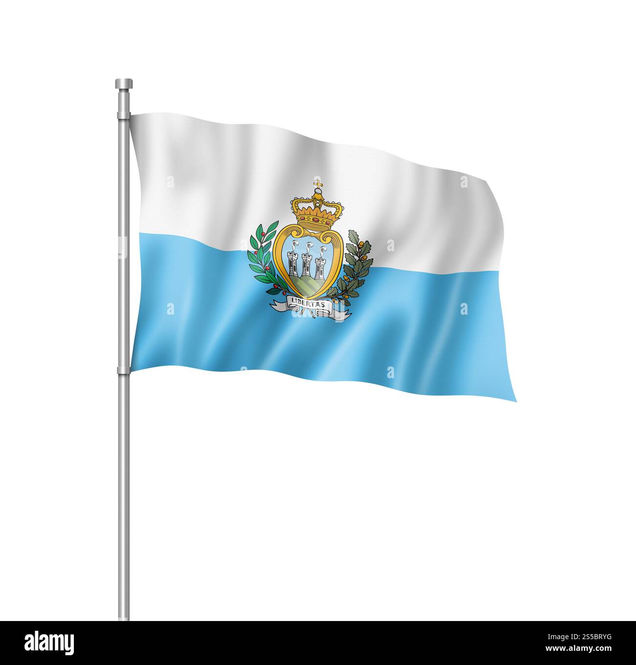 Bandiera di San Marino, resa tridimensionale, isolata sul bianco. Bandiera di San Marino isolata su bianco Foto Stock