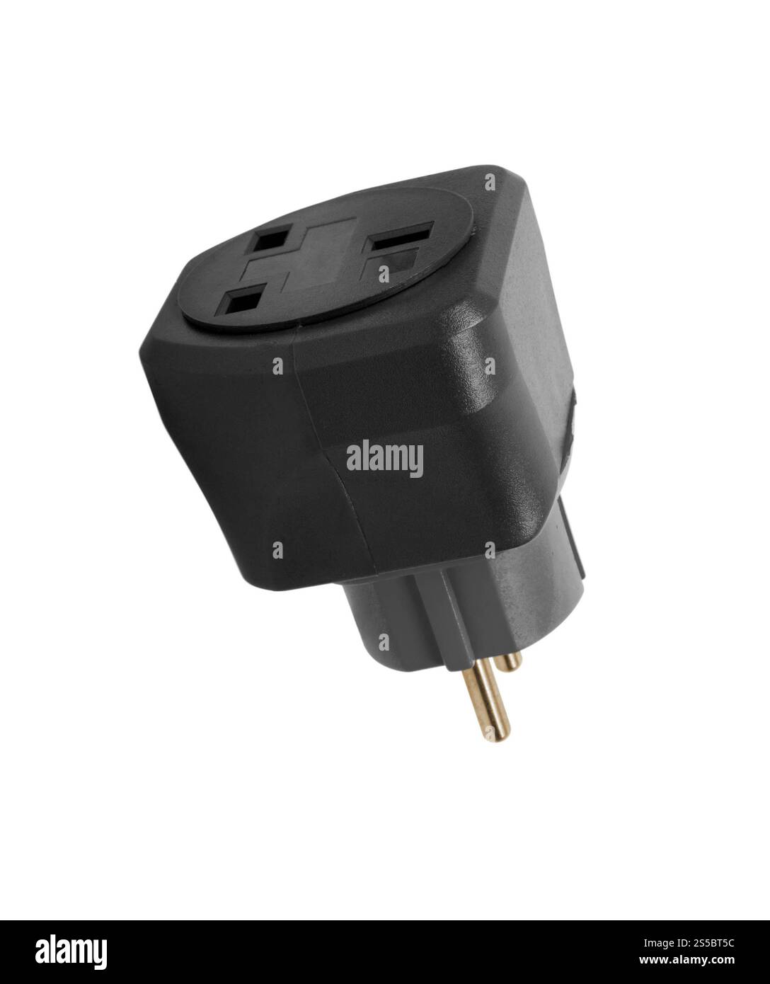 Adattatore da viaggio con spina di alimentazione, isolato su sfondo bianco. Adattatore da viaggio della spina di alimentazione Foto Stock
