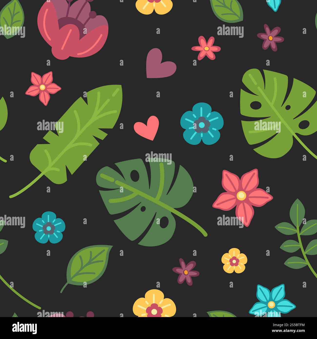 Modello estivo di foglie di palma e fiori tropicali. Vegetazione esotica della foresta pluviale, fioritura tenera e piccoli cuori mescolati in un'illustrazione vettoriale piatta a fumetti con motivo senza cuciture su sfondo nero. Modello estivo di foglie di palma e fiori tropicali Illustrazione Vettoriale
