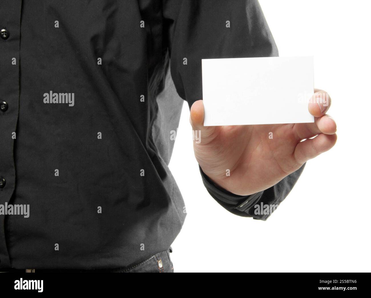 uomo con una carta bianca isolata su sfondo bianco. uomo con una carta bianca Foto Stock