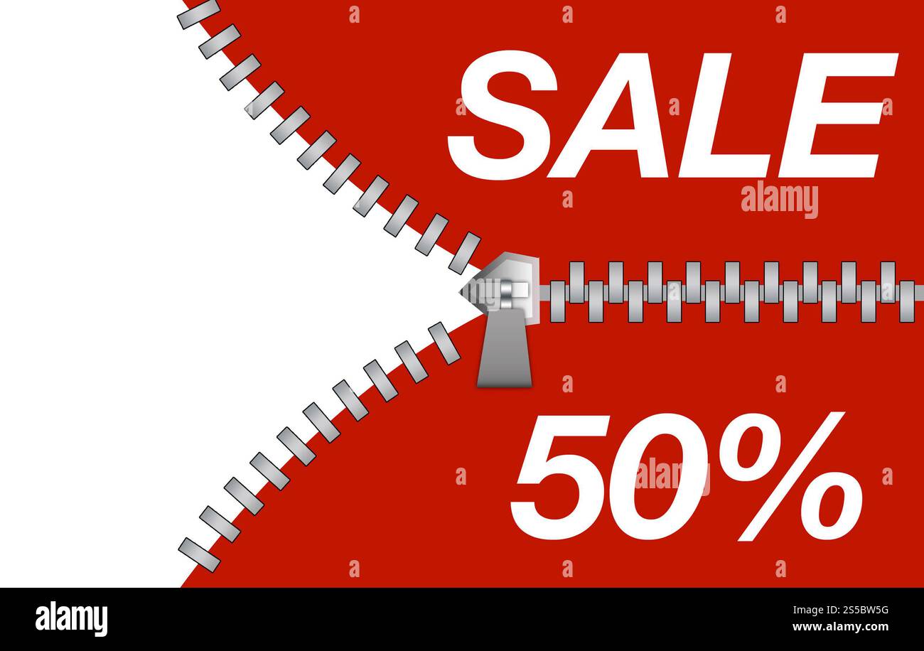 Chiusura lampo che rivela uno sconto per la vendita isolato su sfondo bianco. Chiusura lampo che rivela uno sconto per la vendita Foto Stock