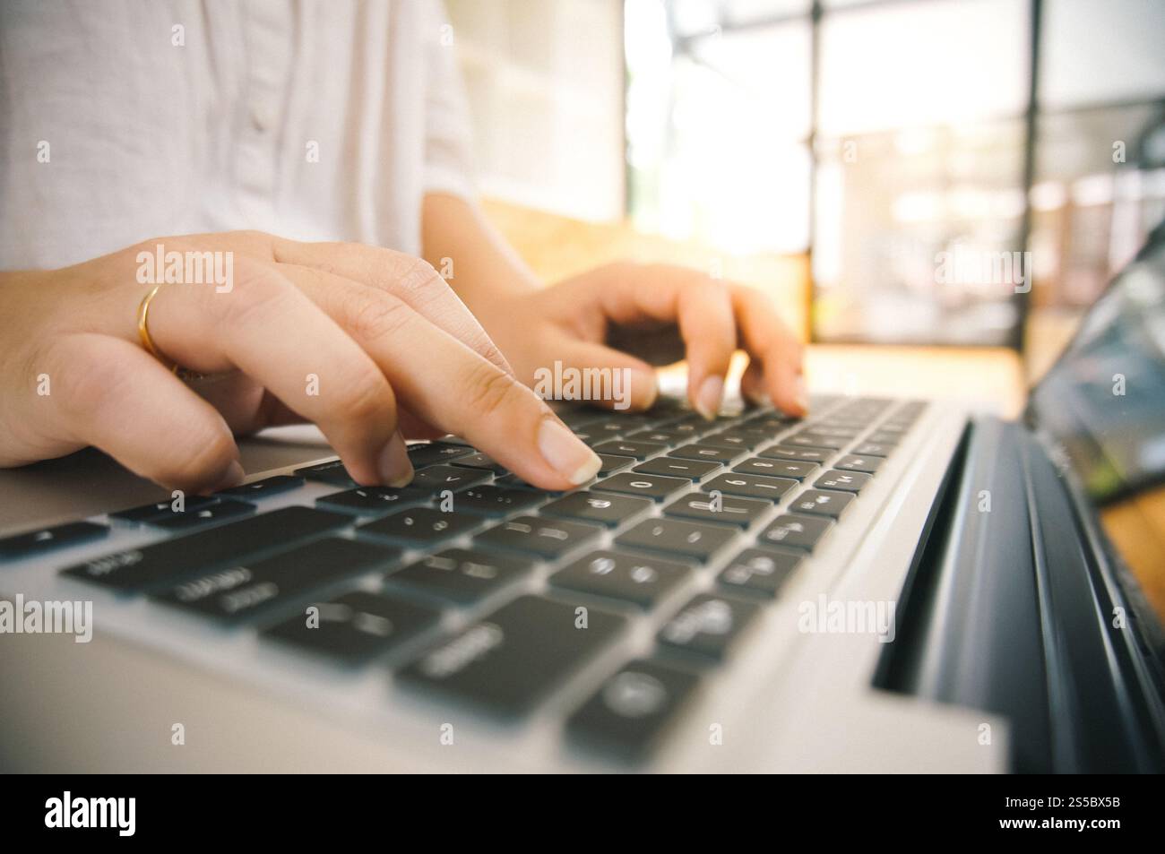 Donna che lavora utilizzando un computer portatile e digita le mani sulla tastiera. scrivere un blog. Lavorare a casa è a portata di mano macchina da scrivere Foto Stock