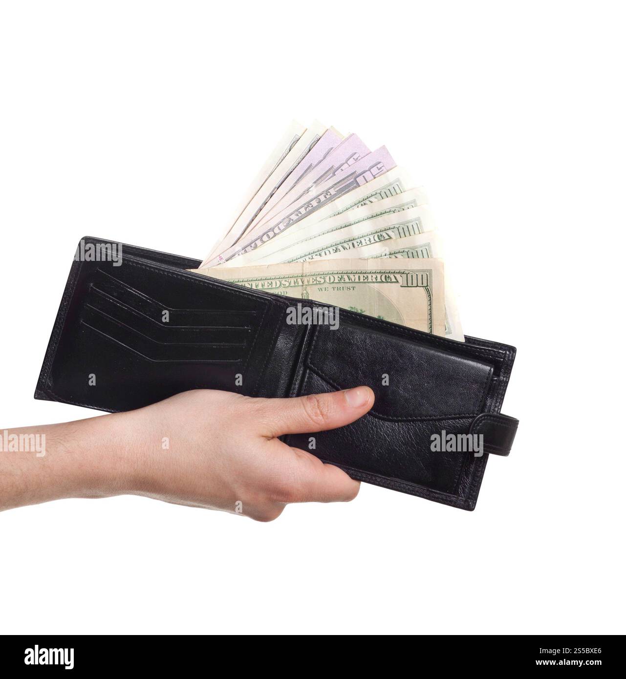 dollari che escono dal portafoglio isolati su sfondo bianco. dollari che escono dal portafoglio Foto Stock