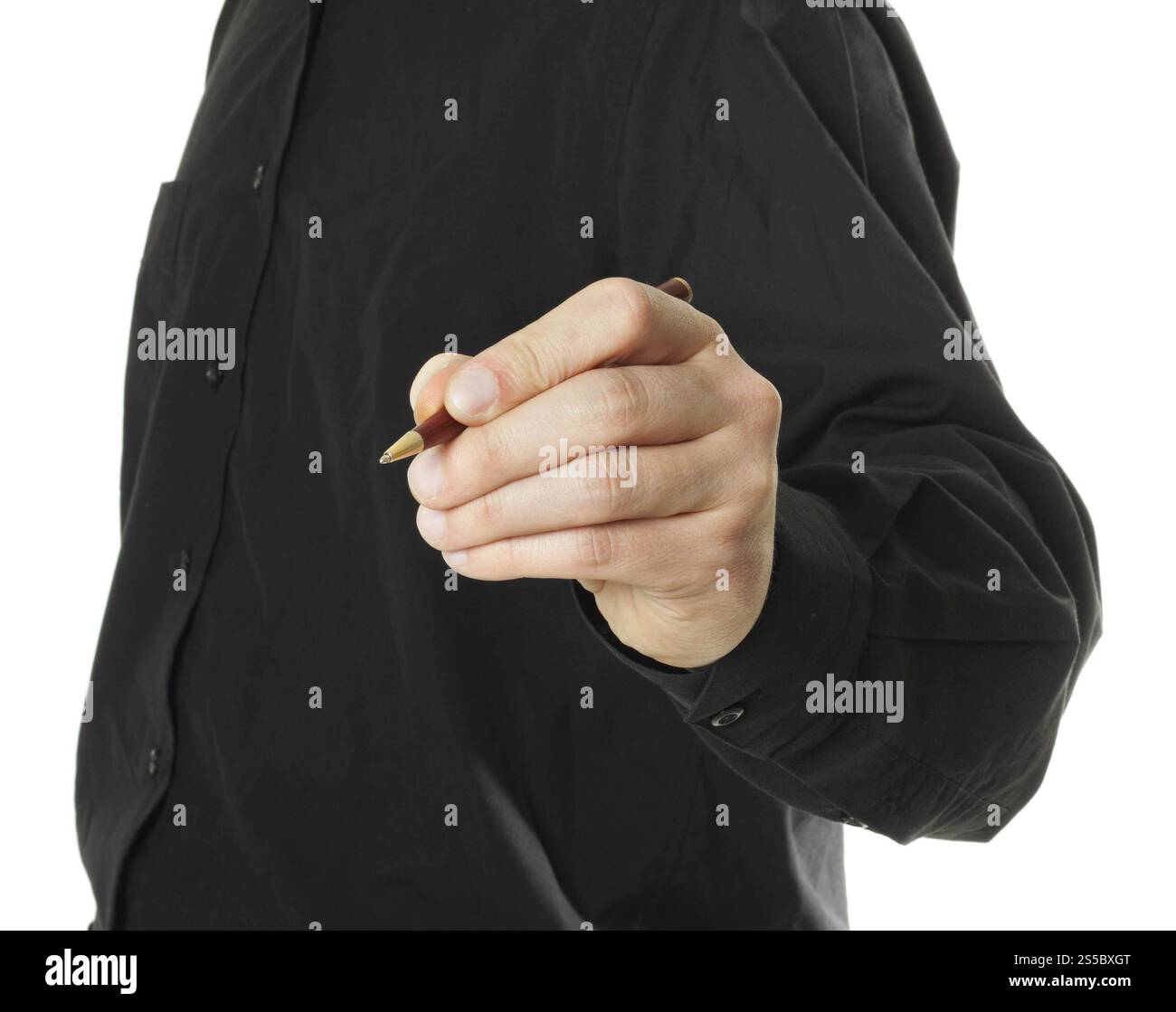 Businessmans mano che tiene una penna isolata su sfondo bianco. Businessmans mano che tiene una penna Foto Stock