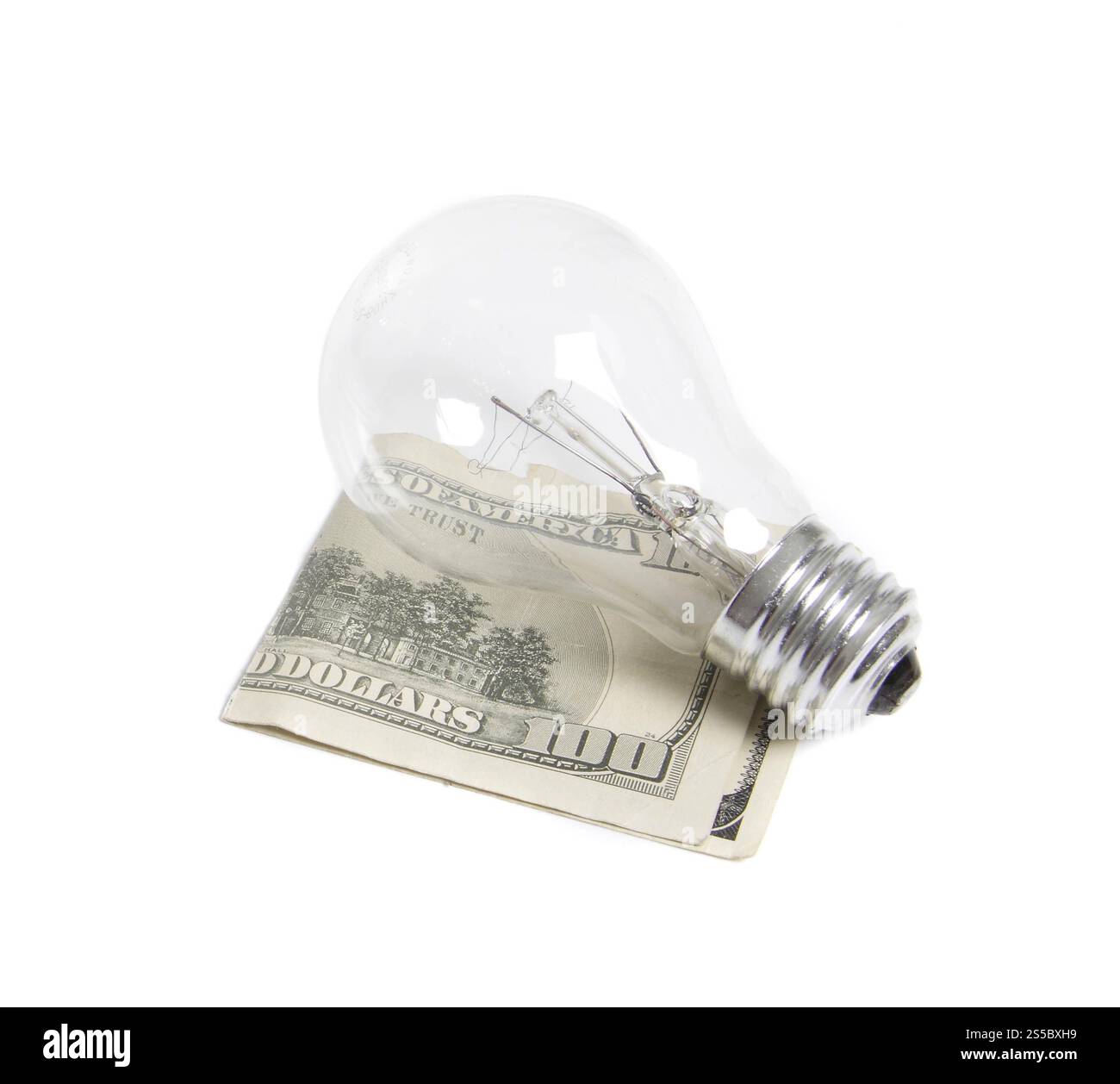 bilb luminoso con dollari isolati su sfondo bianco. bilb leggero con dollari Foto Stock
