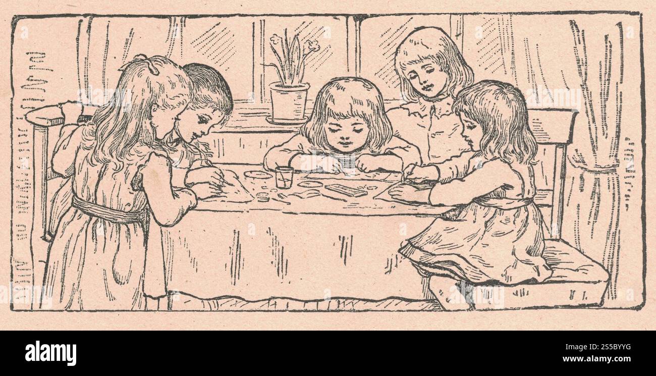 L'antica illustrazione in bianco e nero mostra i bambini che dipingono e disegnano intorno al tavolo. Il disegno vintage mostra i bambini seduti intorno al tavolo. Vecchio Foto Stock