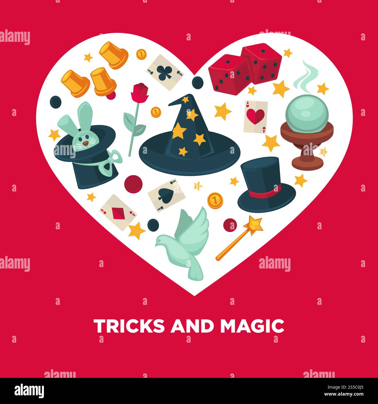 Trucchi magici e equipaggiamento mago poster a forma di cuore. Cappello da illusionista o coniuge da circo vettoriale con coniglio coniglio, palla di cristallo e bacchetta magica, carte e monete. Trucchi e poster del cuore vettoriale magico Illustrazione Vettoriale
