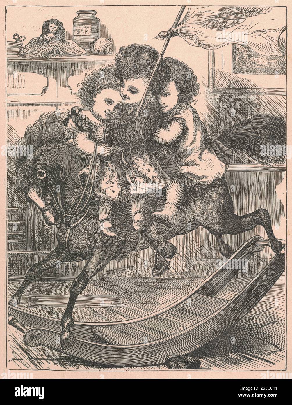 L'antica illustrazione in bianco e nero mostra i bambini che dondolano su un cavallo a dondolo. Il disegno vintage mostra i bambini che dondolano sul cavallo a dondolo. Vecchio Foto Stock