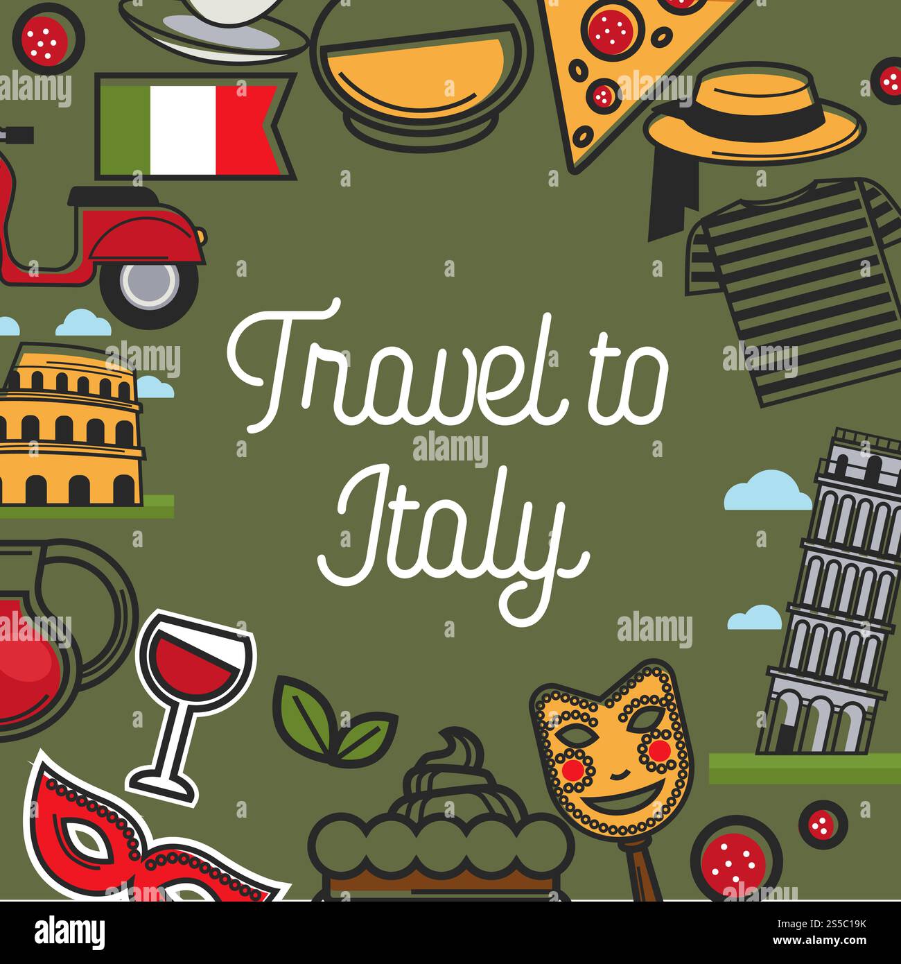 Poster promozionale Travel to Italy con simboli nazionali. Architettura tradizionale, cucina squisita, abiti tipici e maschera antica come cornice per l'illustrazione di un vettore di cartoni animati. Poster promozionale Travel to Italy con simboli nazionali Illustrazione Vettoriale