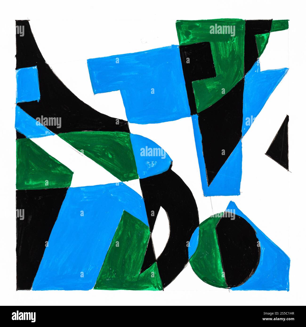 Composizione astratta con due lettere K e coppa disegnata a mano su carta bianca con colori marrone, grigio e nero Foto Stock