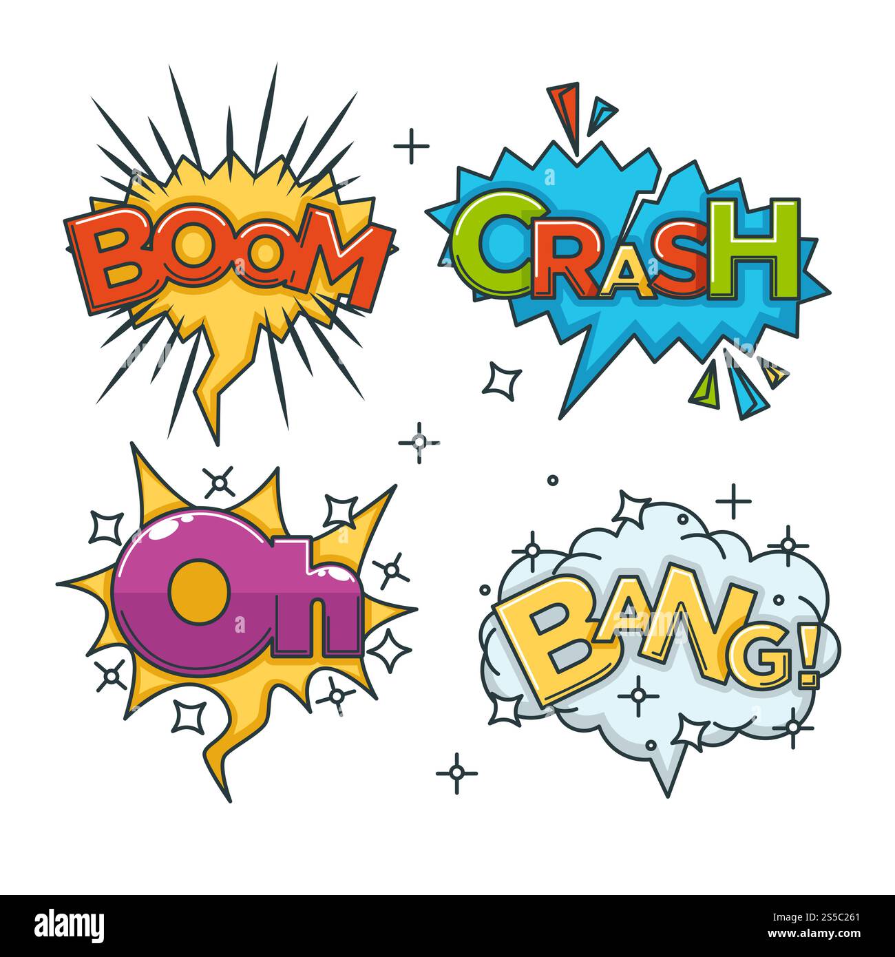 Boom, crash, bang e oh Bubble: Nuvole esplosive per fumetti o cartoni animati con esplosioni vettoriali di colore. Boom, crash, bang e oh vettoriale nuvole esplosive Illustrazione Vettoriale