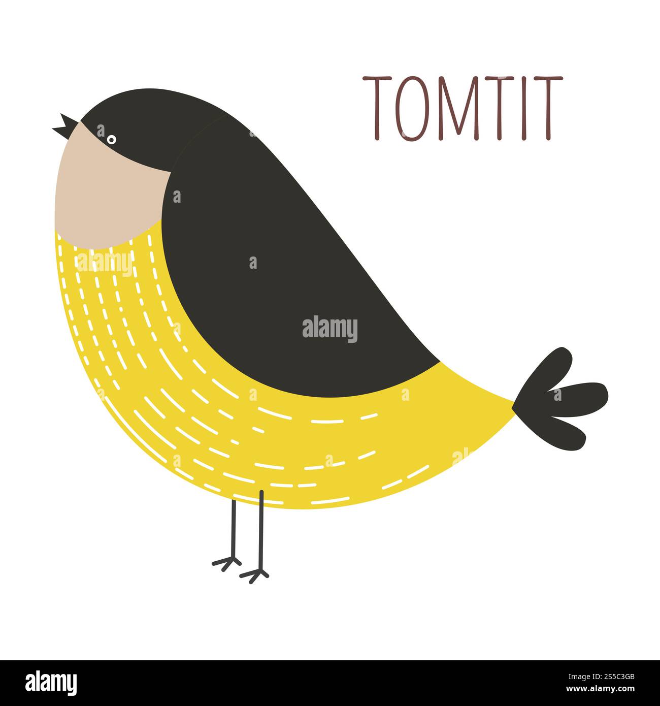 Tomtit Wild Bird Childish personaggio dei cartoni animati. Animale che vola con ali nere e petto dorato su sottili artigli. Caricatura delle specie dall'enciclopedia per bambini illustrazione vettoriale isolata.. Tomtit Wild Bird Childish personaggio dei cartoni animati Illustrazione Vettoriale