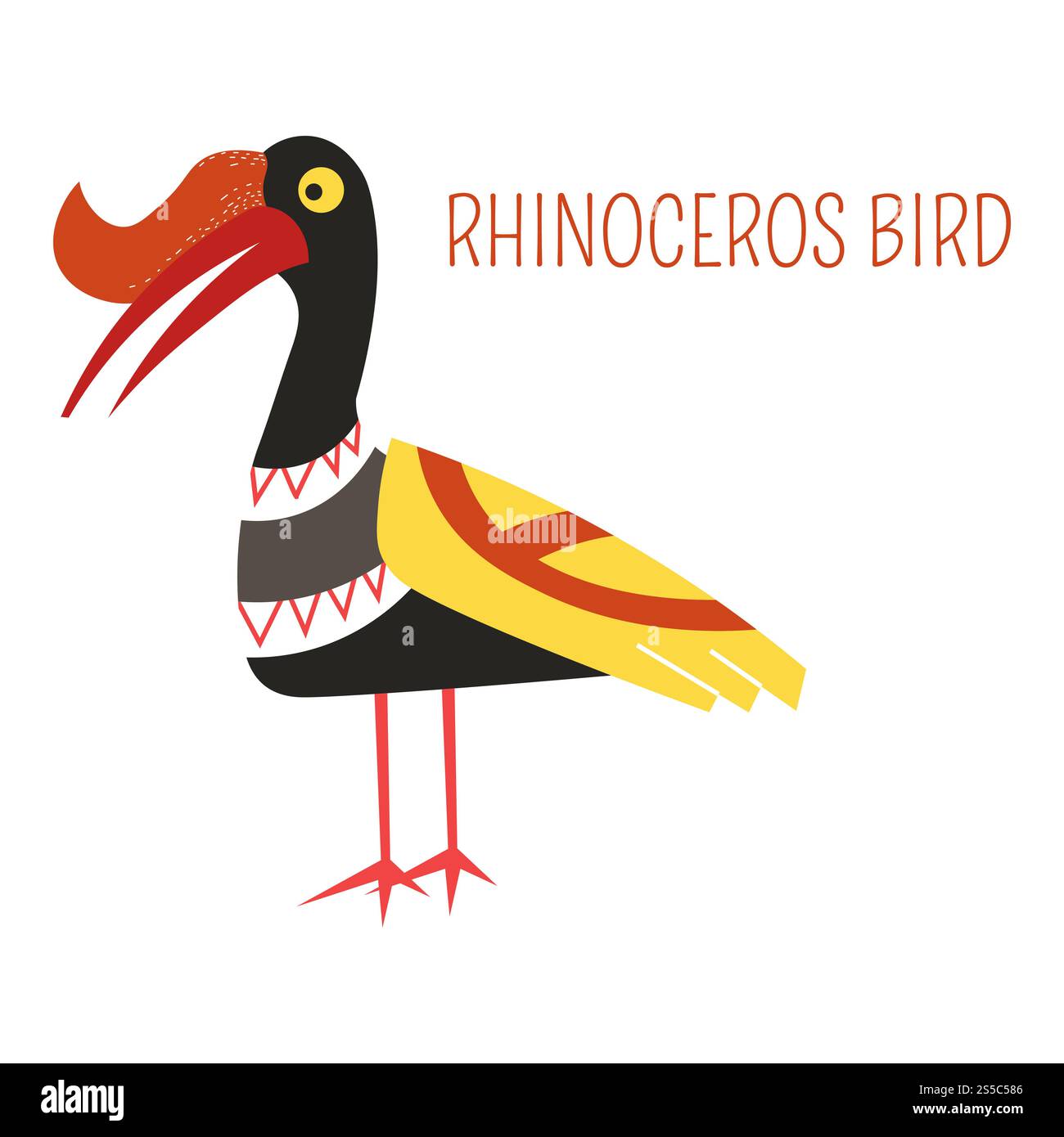 Uccello rinoceronte con cartoni animati divertente carino ornamento vettoriale animali del Sud-est asiatico zoo collezione per bambini T-shirt vestiti stampa. Vettore di cartoni animati di uccelli rinoceronti del sud-est asiatico Illustrazione Vettoriale