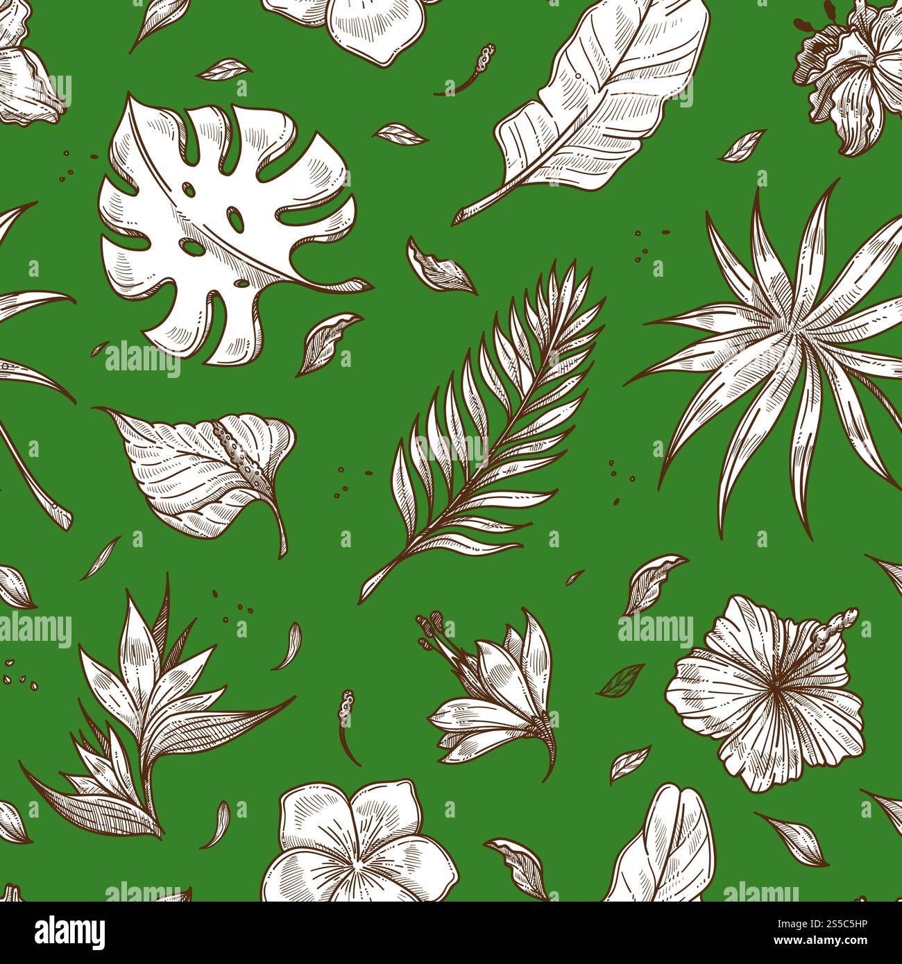 Sfondo con motivo senza cuciture a foglie di palma tropicale. Disegno con sfondo botanico vettoriale di piante esotiche paradisiache di foglie e fiori su un motivo tropicale estivo verde. Sfondo per schizzo con motivo vettoriale estivo senza cuciture con foglie di palma tropicali Illustrazione Vettoriale