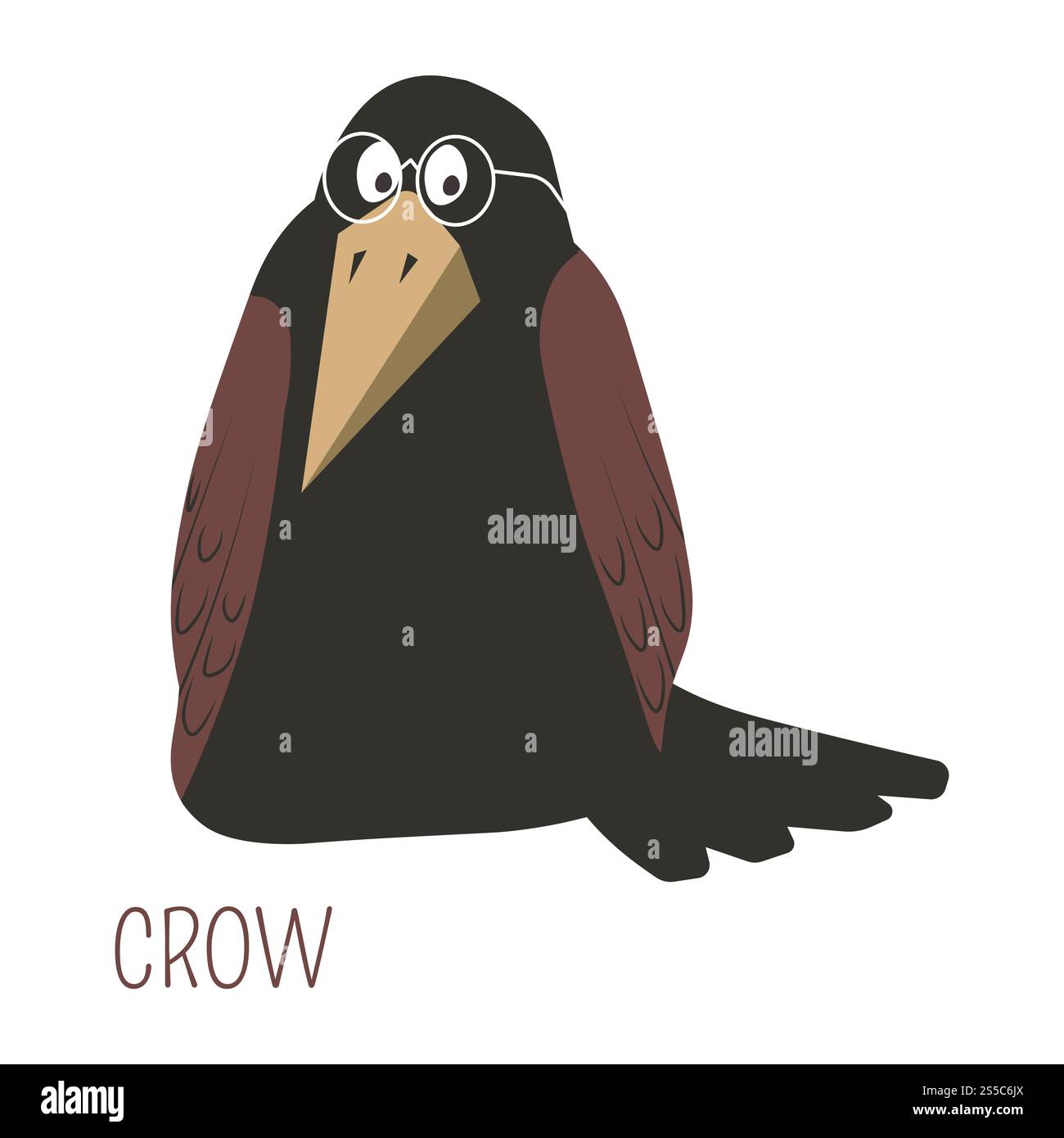Corvo in occhiali personaggio dei cartoni animati infantile. Uccello selvatico nero come simbolo di saggezza. Specie animali con grandi ali e becco di fiabe e storie per bambini, illustrazione vettoriale isolata. Corvo in occhiali personaggio dei cartoni animati infantile Illustrazione Vettoriale