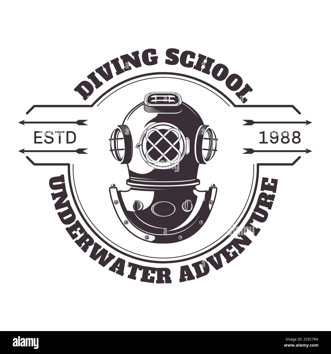 Titolo e titolo di avventura subacquea per la scuola di immersioni subacquea. Maschera vecchia di primi subacquei in profondità sul fondo del mare o dell'oceano. Intrattenimento divertente e illustrazione vettoriale di sport acquatici esotici. Illustrazione vettoriale titolo avventura subacquea scuola di immersione Illustrazione Vettoriale