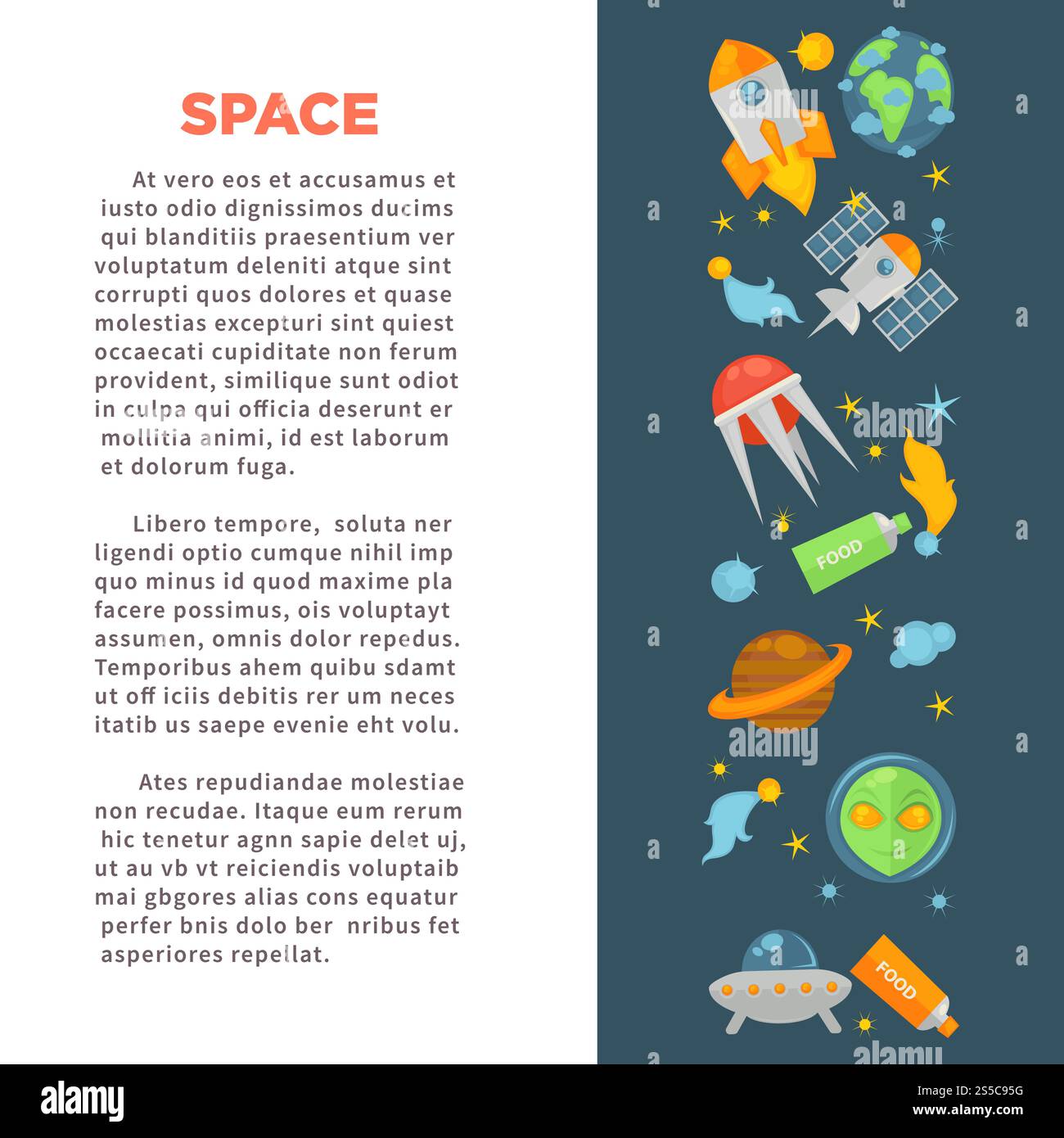 Poster promozionale esplorazione spaziale con set di icone a tema cosmo. Potenti navicelle spaziali, satelliti moderni, enormi pianeti, piatti UFO volanti e tubi di spaziatori cibo cartoni animati immagini vettoriali piatti. Poster promozionale esplorazione spaziale con set di icone a tema cosmo Illustrazione Vettoriale