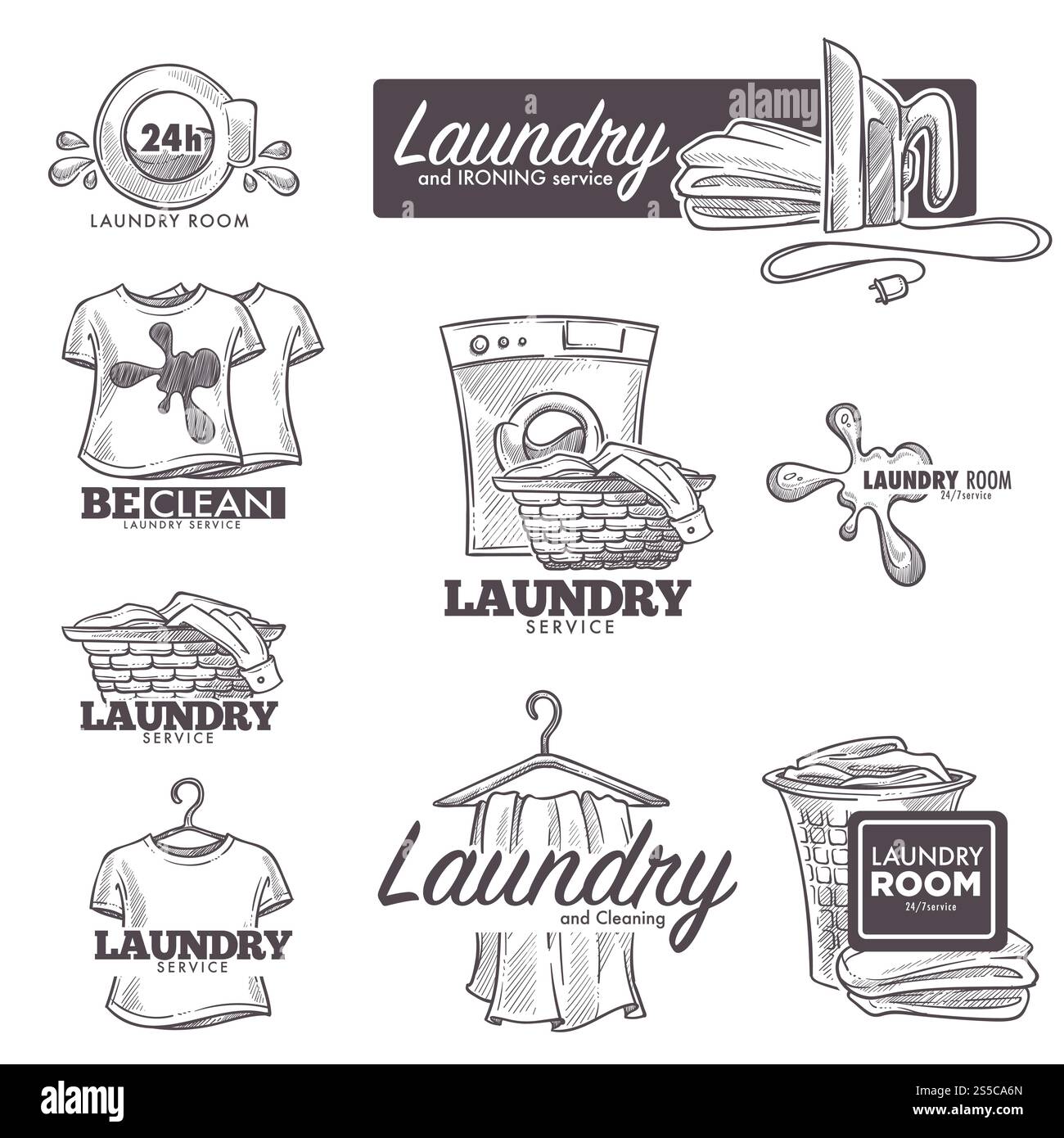 Set retrò disegnato con logo servizio lavanderia. Lavatrice vettoriale e sapone o spruzzi d'acqua, lavanderia o lavanderia automatica, vestiti nel cestino, macchia di sporco sulla maglietta e sul ferro da stiro. Icone di schizzo vettoriali del servizio lavanderia Illustrazione Vettoriale