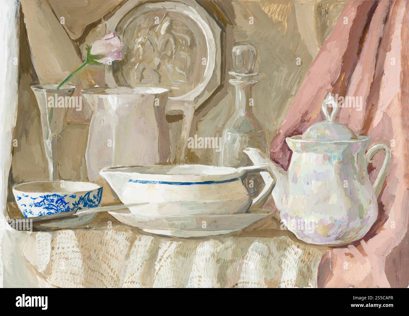 still life con piatti bianchi dipinti a mano con vernici a tempera su carta bianca Foto Stock