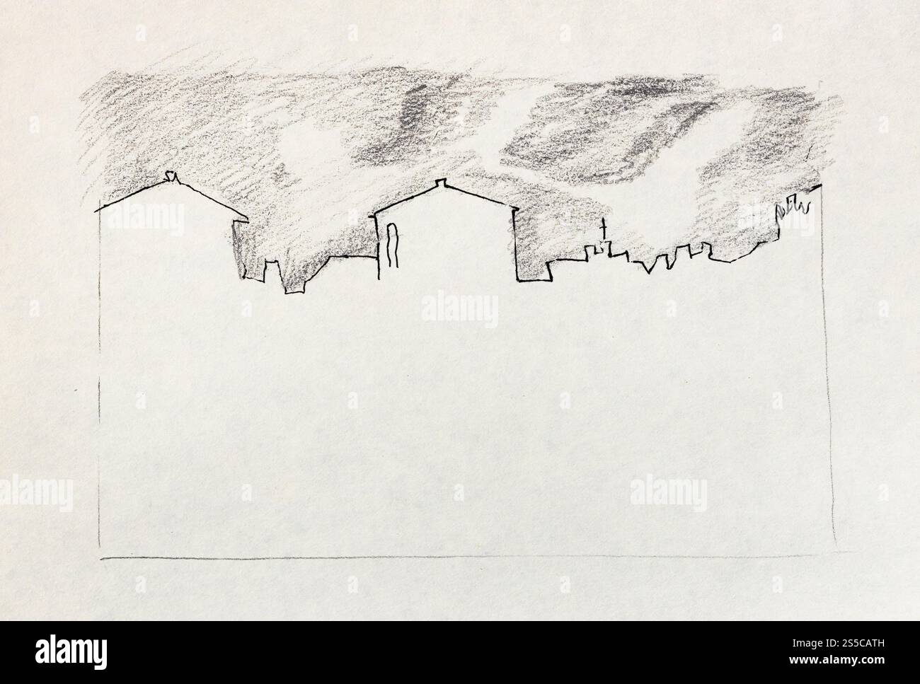 Profilo dello skyline di Verona in Italia sotto il cielo nero disegnato a mano con penna nera e matita su carta bianca vecchia testurizzata Foto Stock