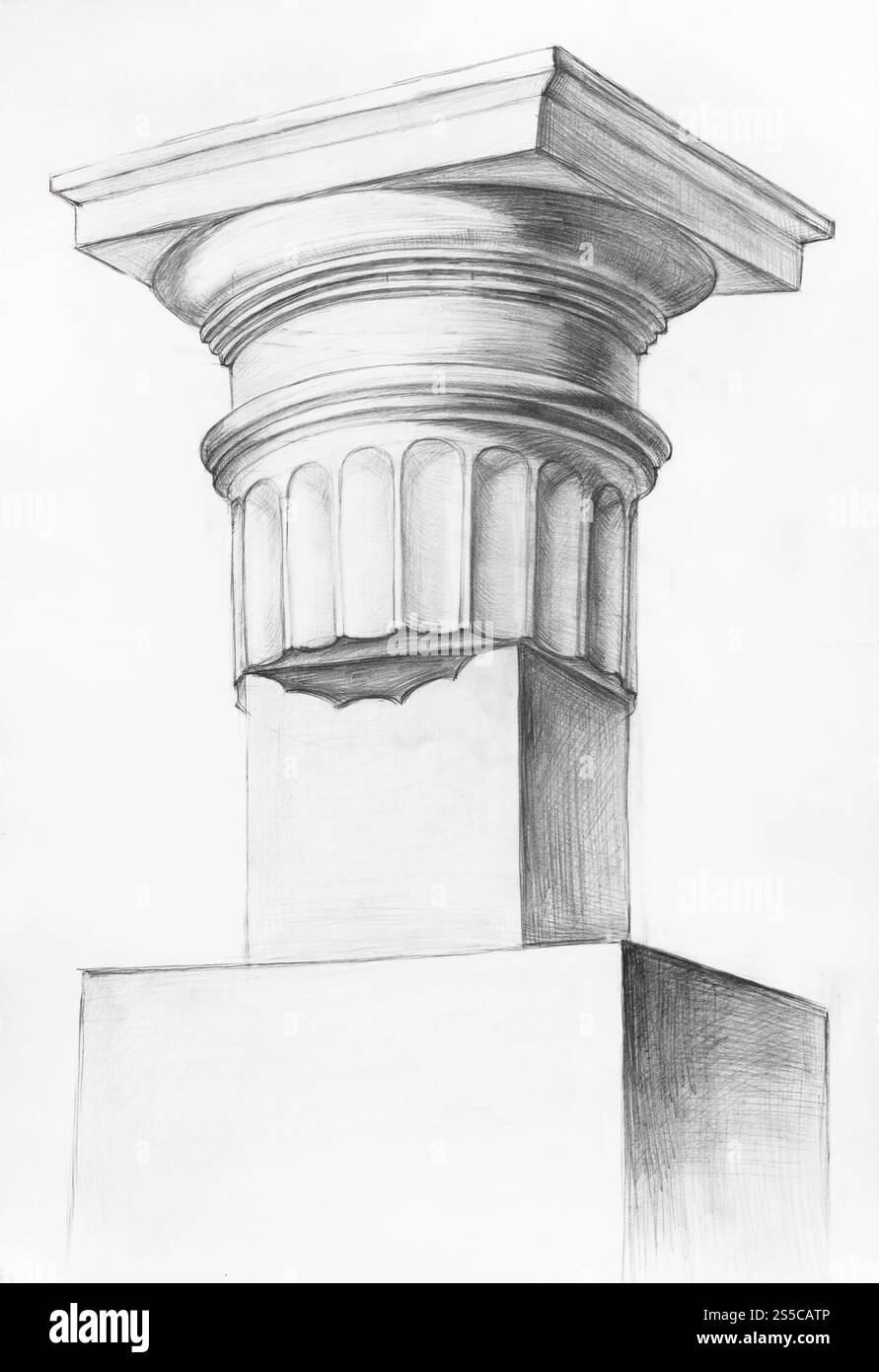 Disegno accademico della capitale dorica disegnato a mano da matita nera su carta bianca Foto Stock