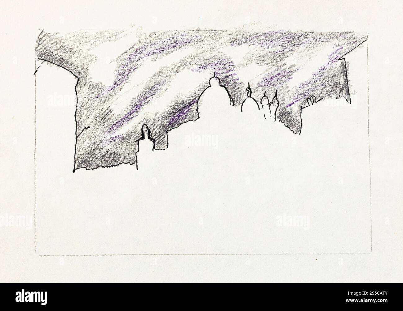 Profilo dello skyline di Venezia Italia sotto il cielo nero in disegno a mano con penna nera e matite a colori su carta bianca vecchia testurizzata Foto Stock