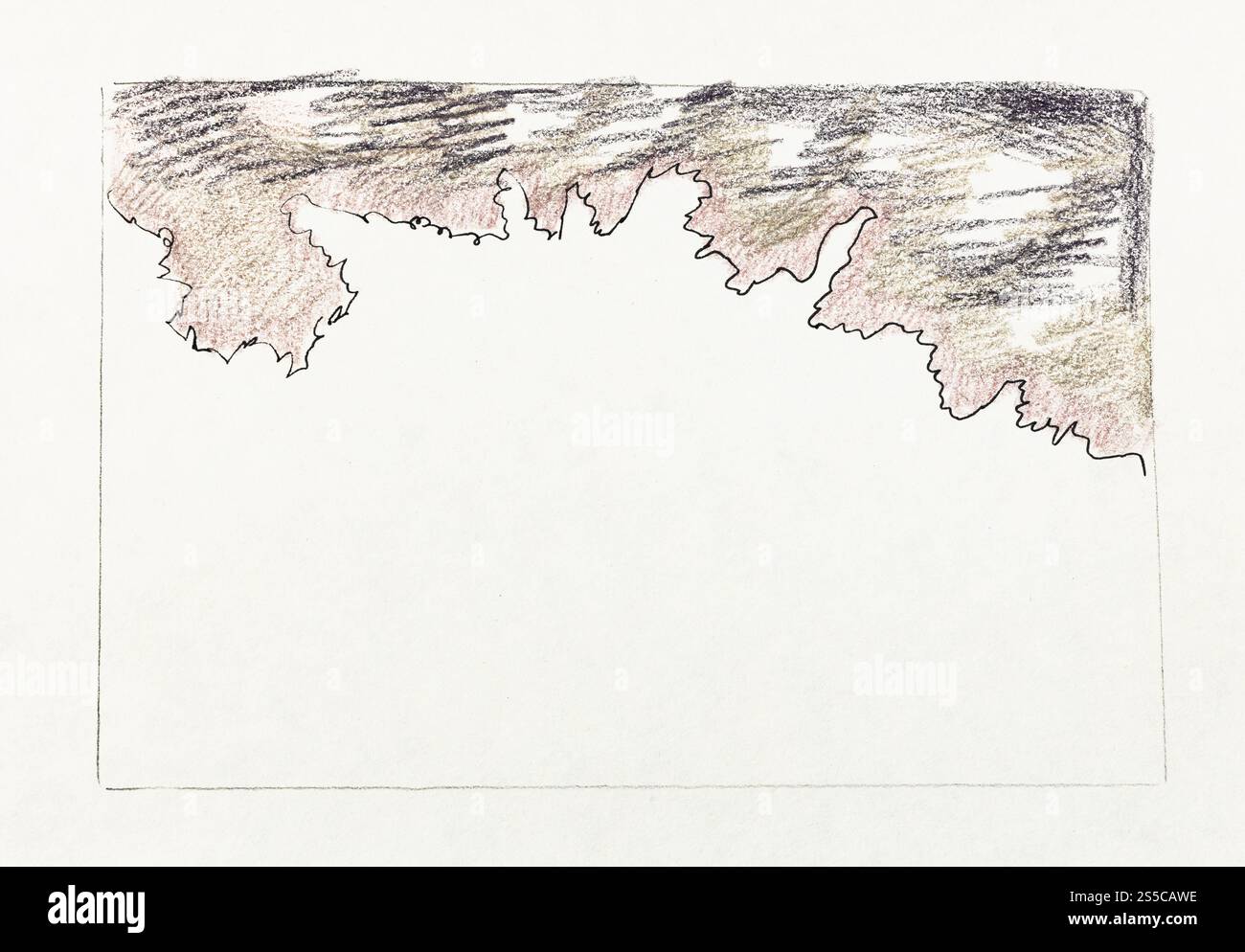 schizzo di un lussureggiante cespuglio sotto il cielo nero disegnato a mano con penna nera e matita su carta bianca vecchia testurizzata Foto Stock