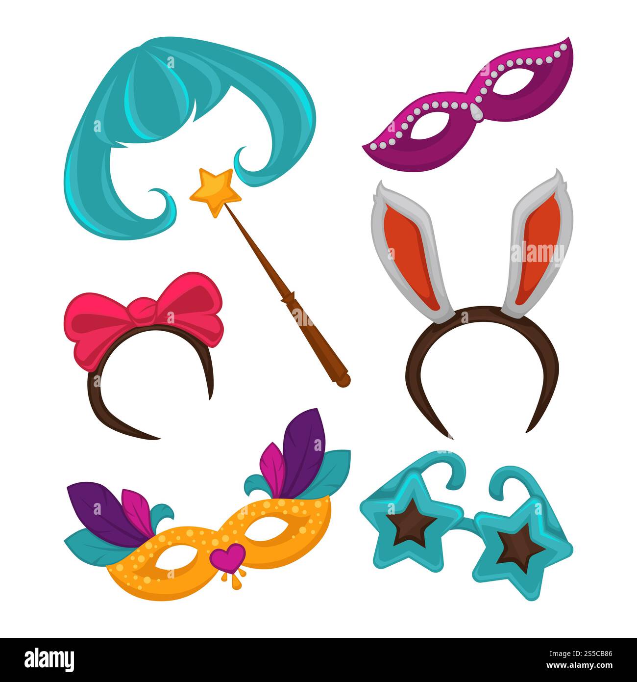 Maschere di Carnevale e accessori per costumi di mascheratura. Festa di compleanno, maschera di carnevale, cappello da strega e parrucca, ali d'angelo o divertenti occhiali da naso o baffi, orecchie da coniglio e icone vettoriali magiche. Maschere di Carnevale e accessori per maschere vettoriali Illustrazione Vettoriale