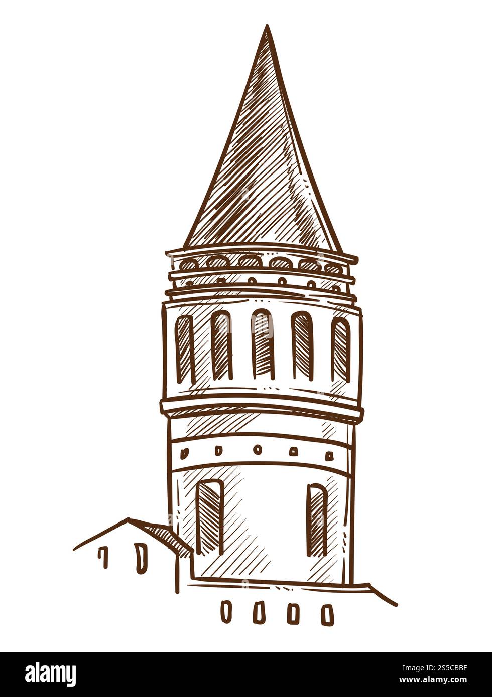 Profilo in bianco e nero in stile architettonico tradizionale della torre. Costruzione medievale, alto edificio disegnato a mano con finestre. Design ed esterno dei monumenti storici della città vecchia illustrazione vettoriale. Illustrazione vettoriale monocromatica in stile architettonico tradizionale della torre Illustrazione Vettoriale