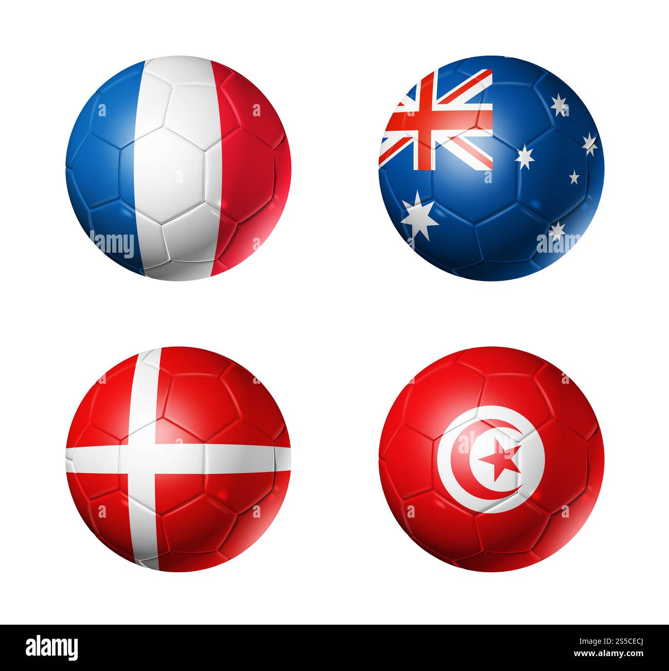 Palloni da calcio con bandiere delle squadre del gruppo D, competizione calcistica Qatar 2022. Illustrazione 3D isolata su sfondo bianco. Qatar calcio 2022 gruppo D Foto Stock