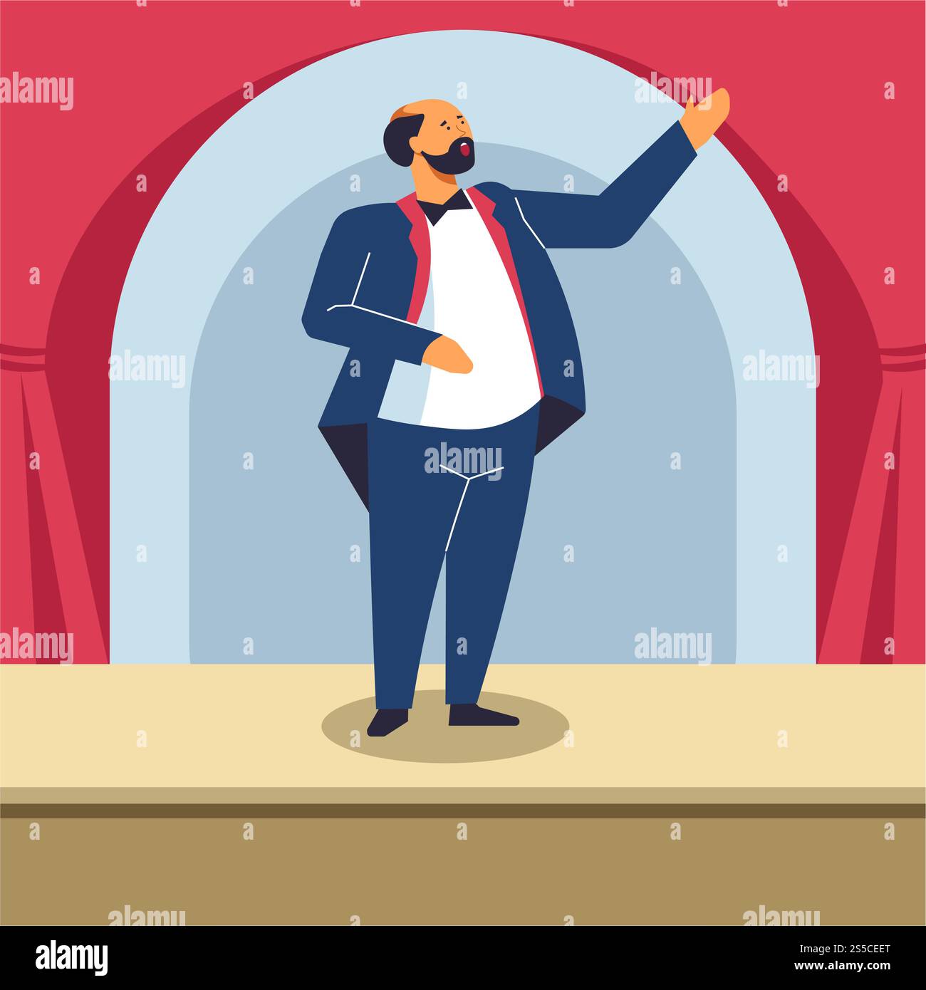 Uomo che canta sul palco dell'opera o in concerto classico. Cantante vettoriale in scena lirica o teatrale con tendaggi rossi. Uomo che canta sul palco dell'opera o in concerto classico. Illustrazione Vettoriale