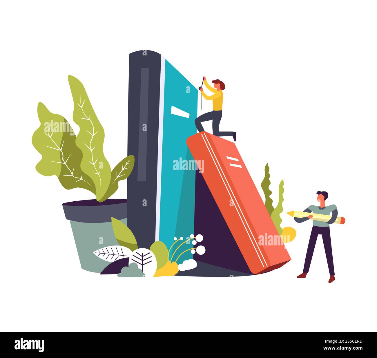 Studiare libri e persona con matita nelle mani vettoriale. Pianta con foglie larghe e fogliame, vaso con flora in crescita. Donna che misura le dimensioni della pubblicazione in copertina rigida, studentessa e insegnante con il metro. Studiare libri e persona con matita nelle mani vettoriale Illustrazione Vettoriale