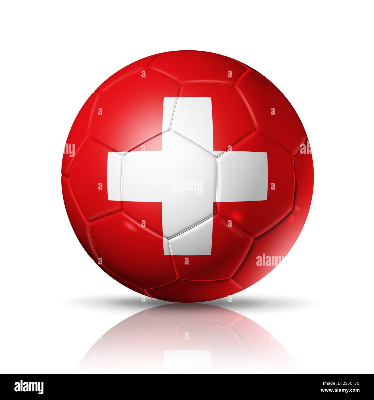 Pallone da calcio 3D con bandiera della squadra svizzera, football 2022. isolato su bianco con percorso di ritaglio. Illustrazione. Pallone da calcio con la Svizzera Foto Stock