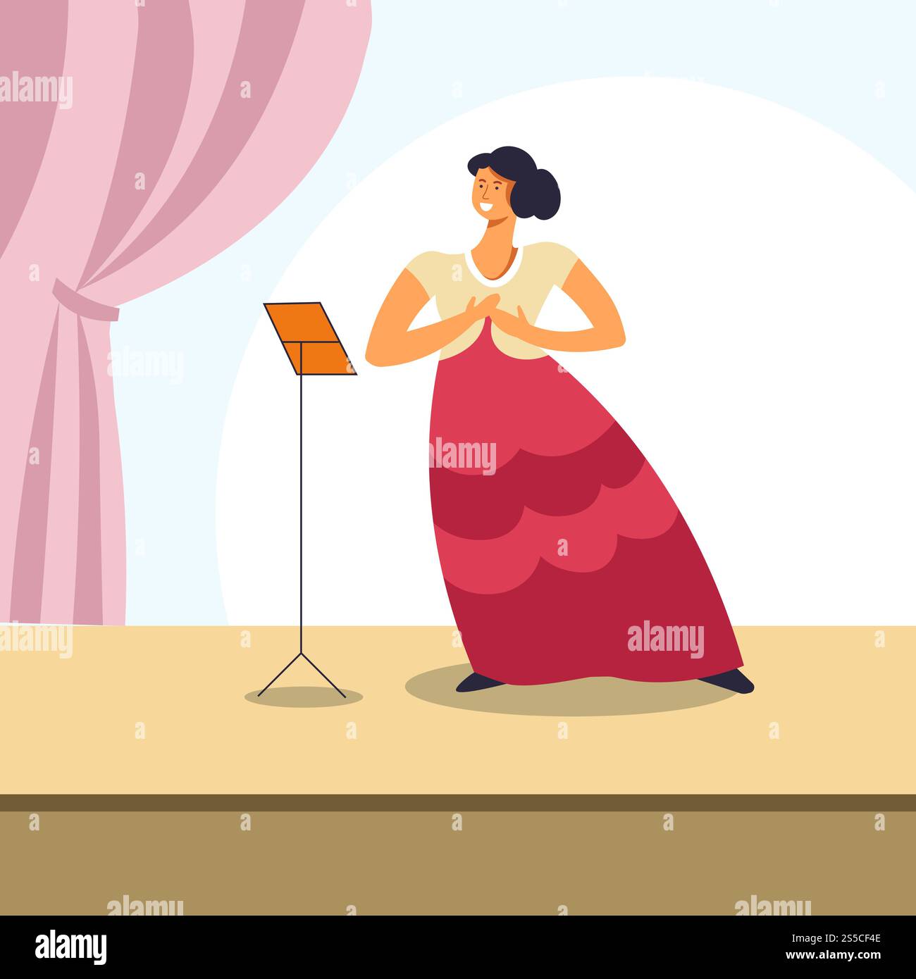 Donna che canta sul palco dell'opera o in concerto classico. Cantante vettoriale con tende da opera o da teatro. Donna che canta sul palco dell'opera o in concerto classico. Illustrazione Vettoriale