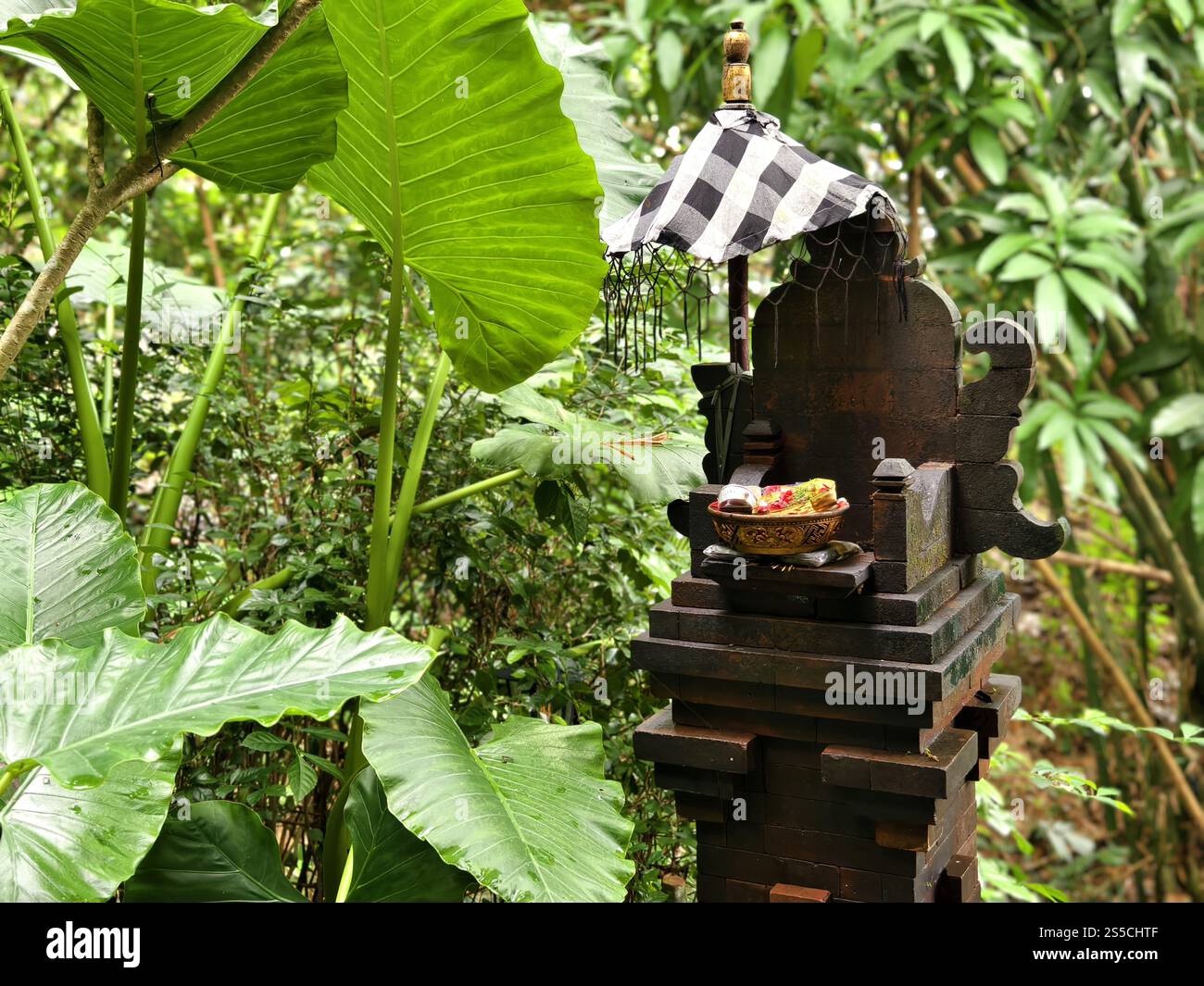 Bali, Indonesia - 10 gennaio 2025: Tempio sacro in pietra di indù balinesi con offerte in un cortile circondato da piante Foto Stock