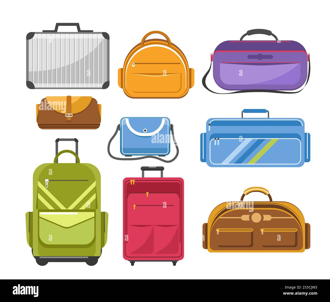 Borse diversi modelli di borsa da viaggio, borsa o zaino e zaino scolastico o borsa di moda donna e valigia da lavoro o valigia e borsa sportiva. Set di icone isolate piatte cartoni animati vettoriali. Borse diversi modelli di borse da viaggio Illustrazione Vettoriale