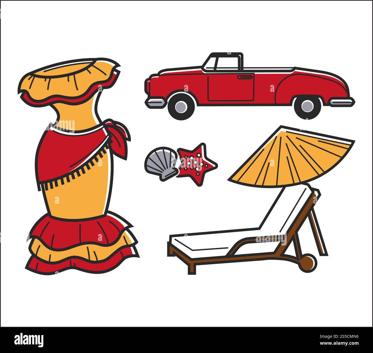 Set di simboli nazionali luminosi tradizionali di Cuba. Vesti per flamenco, auto vintage senza tetto, conchiglia con stelle marine e comoda sedia a sdraio sotto ombrello, cartoni animati isolati, illustrazioni vettoriali piatti. Cuba simboli nazionali luminosi tradizionali set di illustrazioni isolate Illustrazione Vettoriale