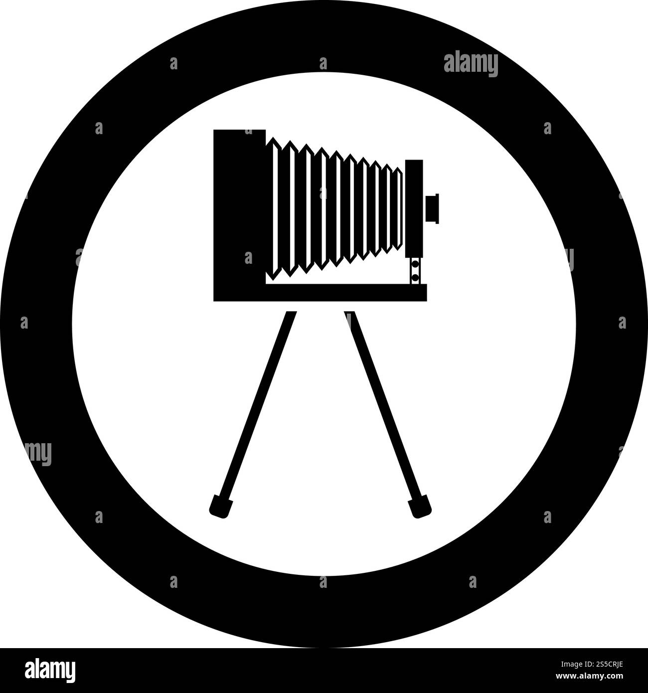Fotocamera rétro su treppiede fotocamera a pellicola analogica d'epoca vecchia icona della fotocamera in cerchio, colore nero, illustrazione vettoriale, stile piatto immagine semplice. Fotocamera rétro su treppiede fotocamera a pellicola analogica d'epoca vecchia icona della fotocamera in cerchio, colore nero, illustrazione vettoriale, immagine piatta Illustrazione Vettoriale